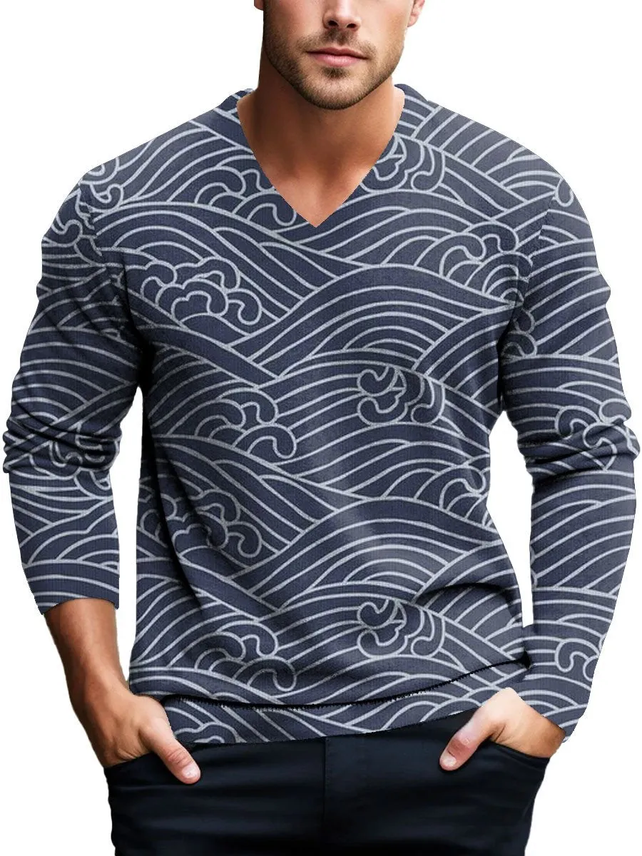 Men's Casual Loose Wave Print Pullover Knitted V-Neck Sweater