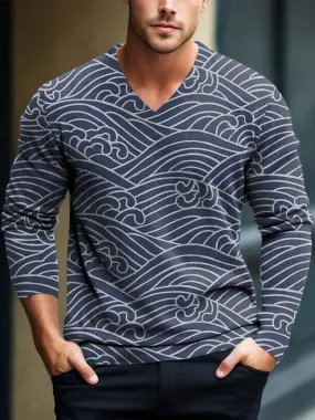 Men's Casual Loose Wave Print Pullover Knitted V-Neck Sweater