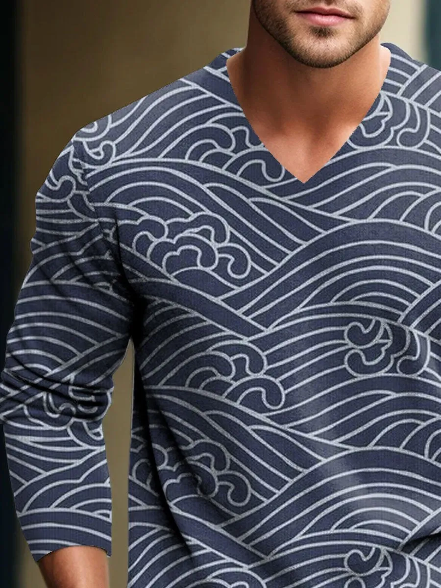 Men's Casual Loose Wave Print Pullover Knitted V-Neck Sweater