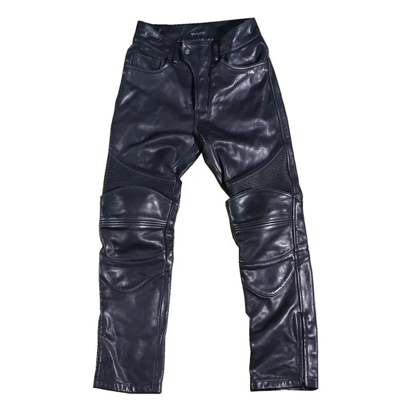 Men's Casual Pure Cowhide Leather Slim Fit Motorcycle High Waist Pants