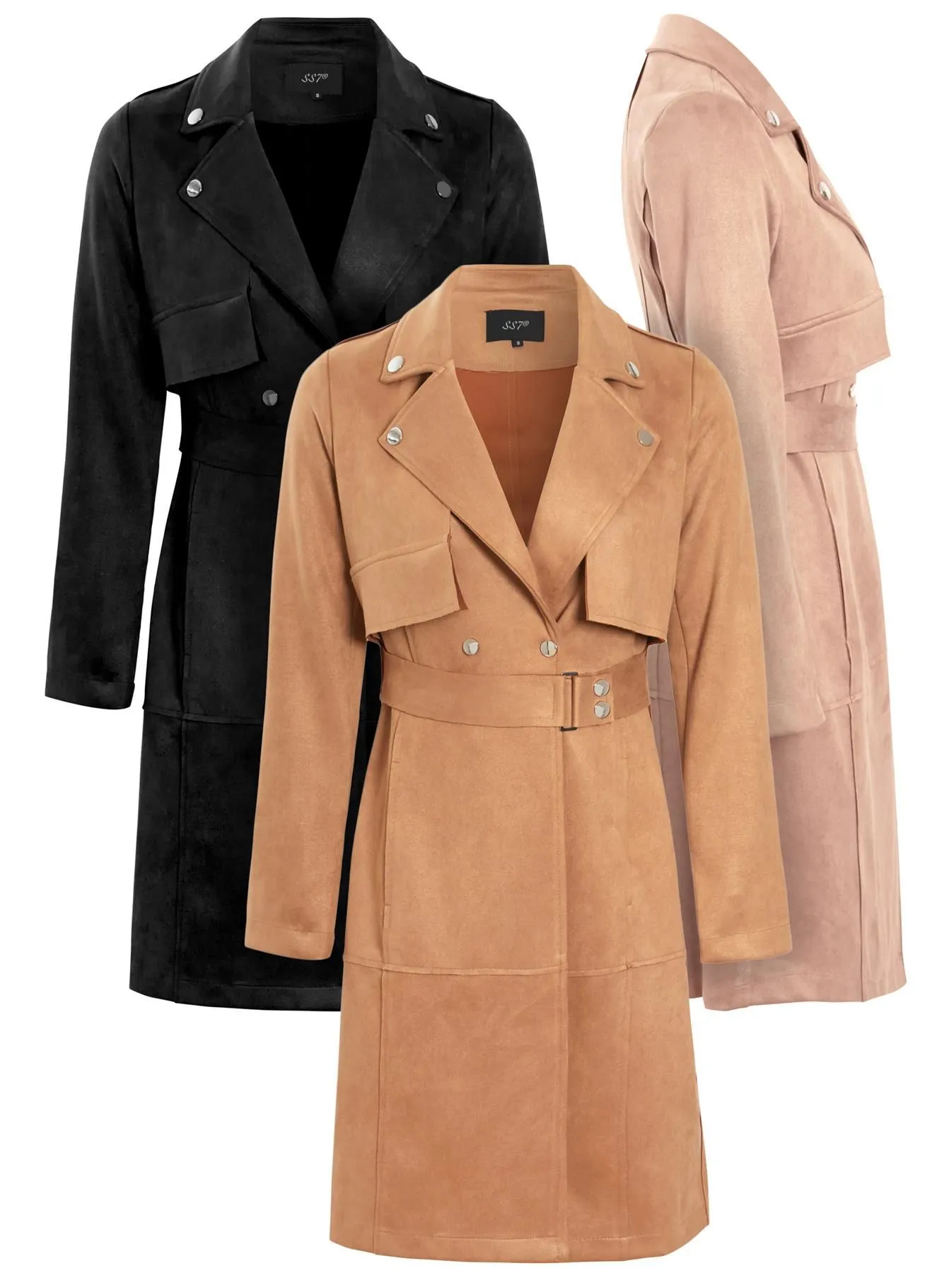 Mid Length Faux Suede Biker Trench Coat, Black, Tan, Beige Pink, UK Sizes 8 to 14