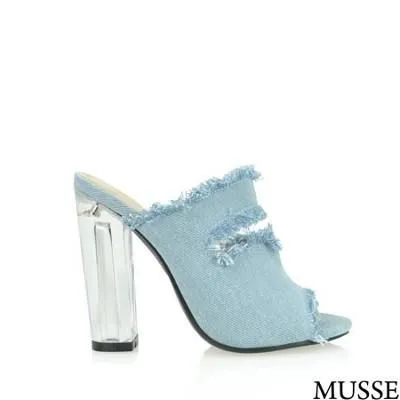 Musse Light Denim Ripped Clear Heel Sandals