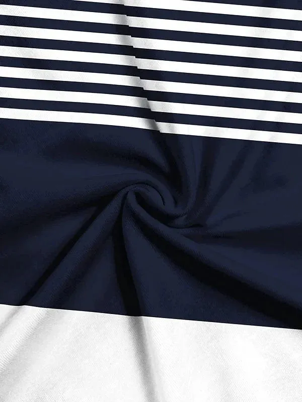 Navy Blue Striped Color Block Long Sleeve Tee for Women