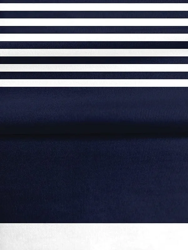 Navy Blue Striped Color Block Long Sleeve Tee for Women