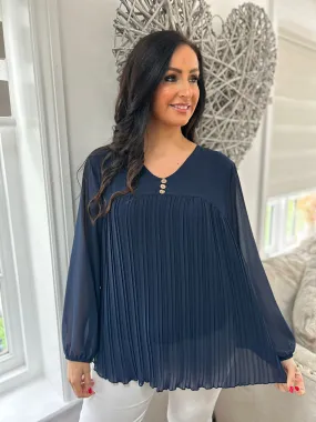 Navy Button Pleated Blouse Hilary