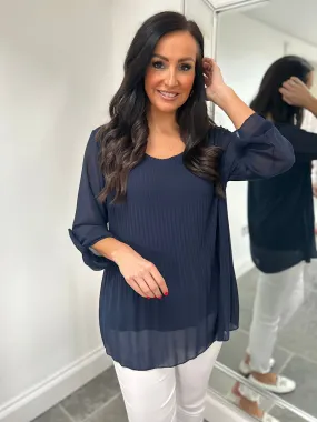 Navy Button Sleeve Pleated Blouse Elaine