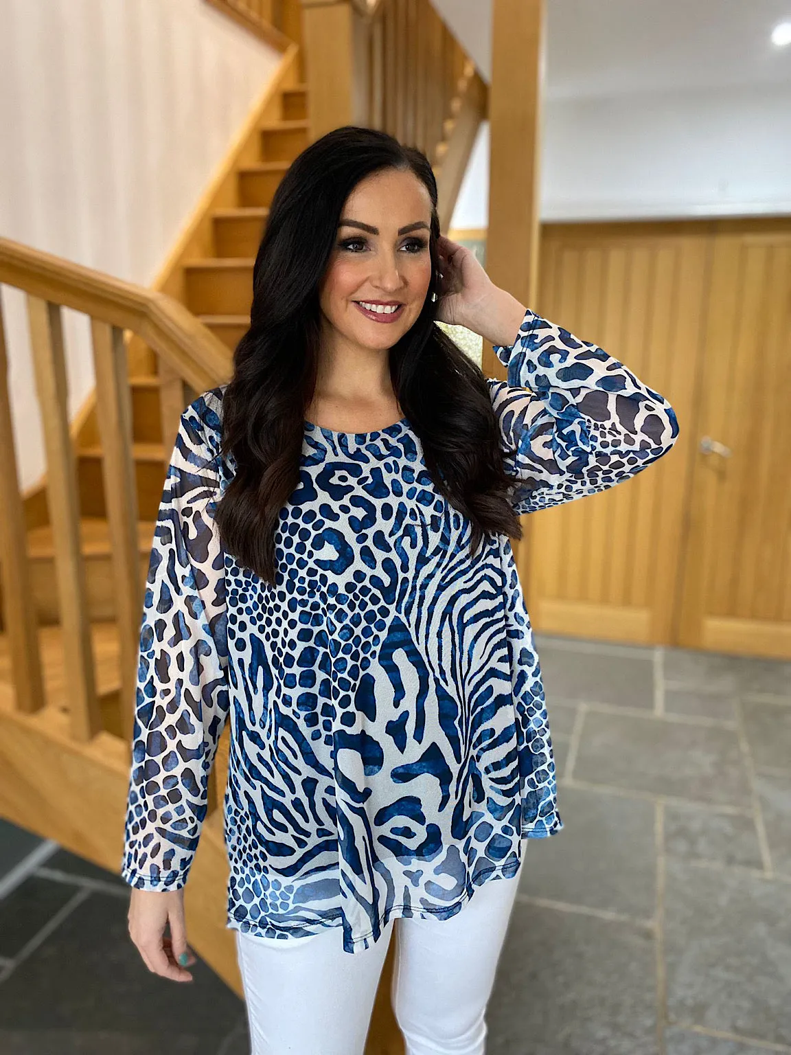 Navy Multi Animal Print Mesh Top Gina