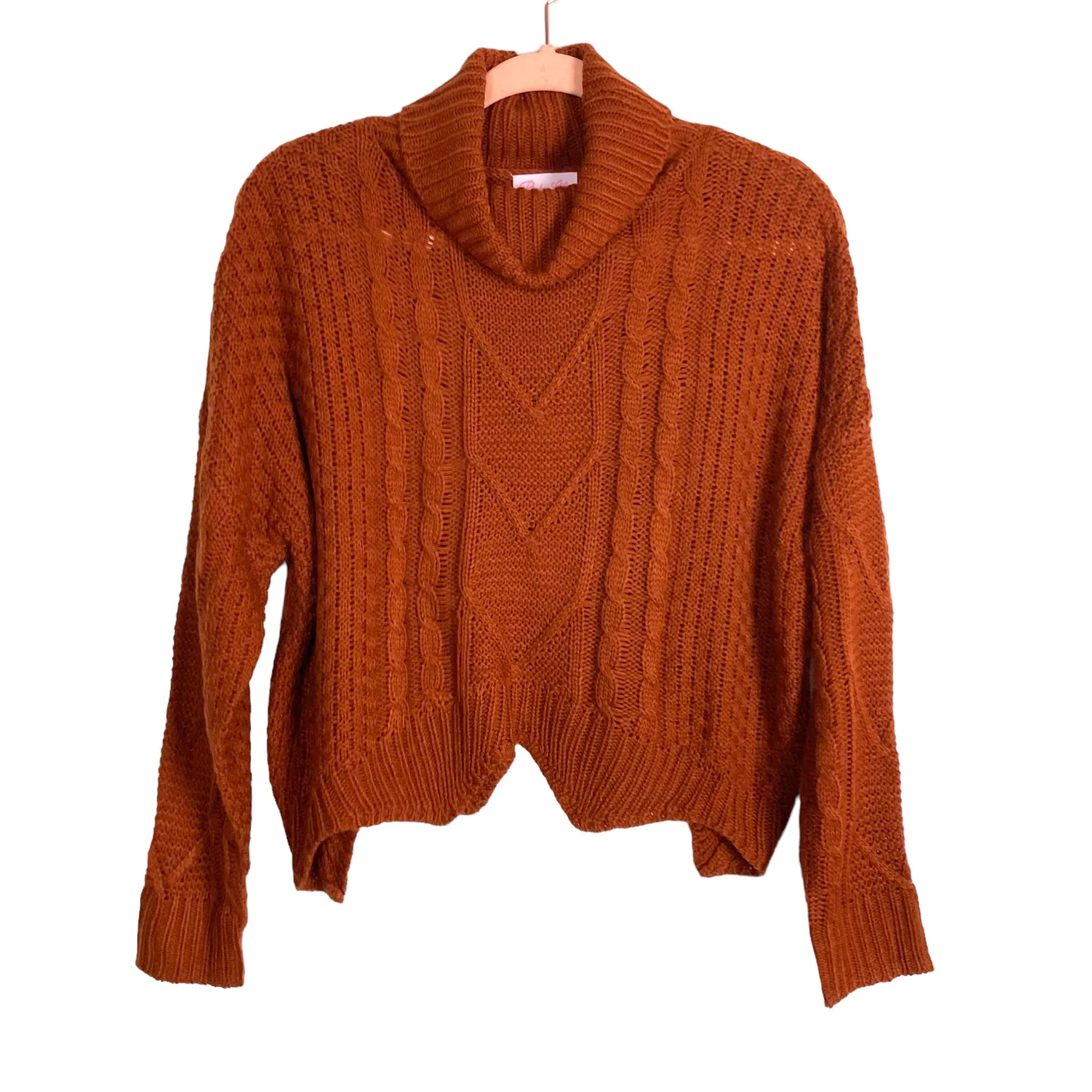 Pink Lily Brown Cable Knit with Zig Zag Hem Turtleneck Cropped Sweater- Size M