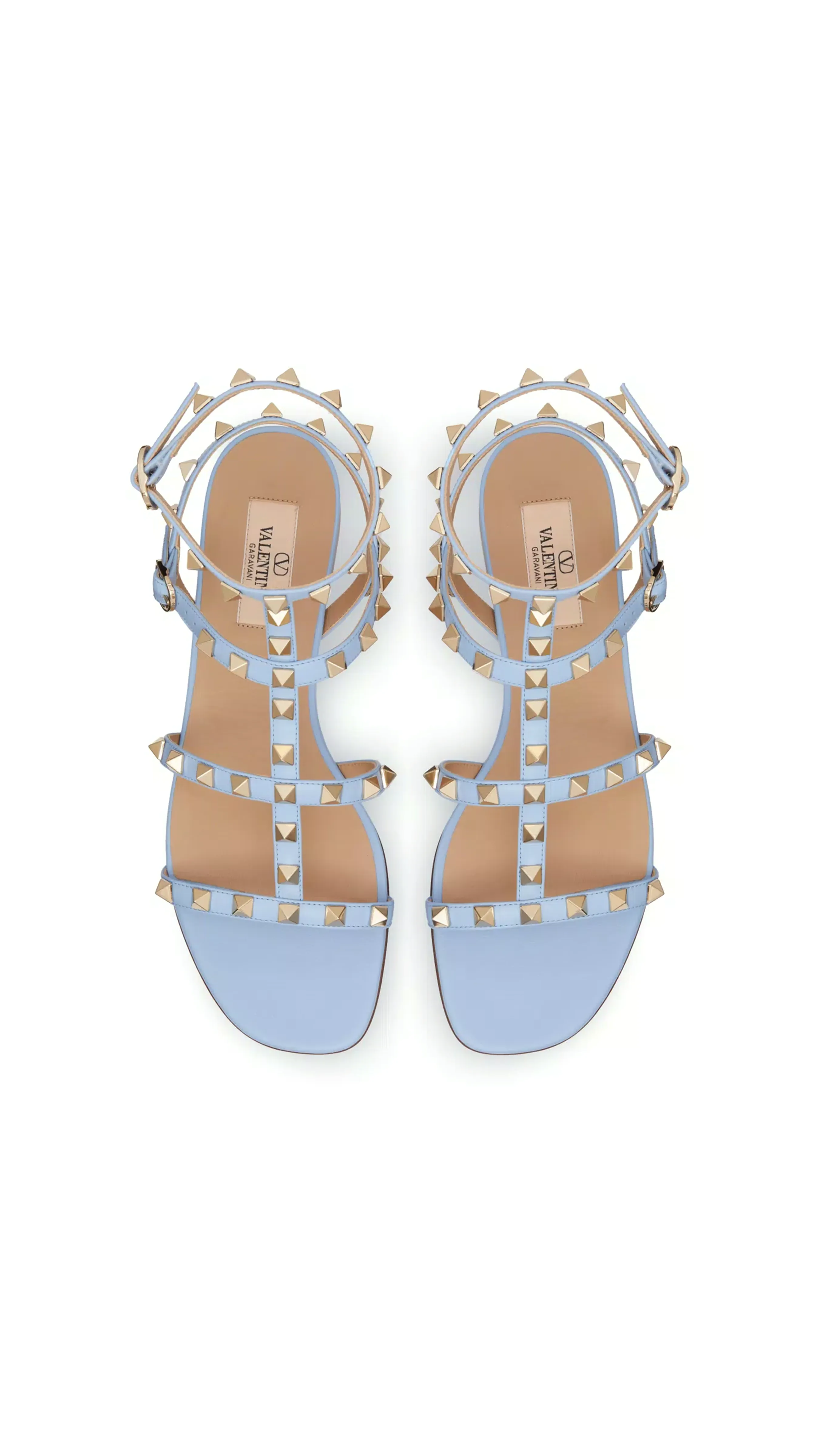 Rockstud Flat Calfskin Sandal With Straps - Porcelain Blue