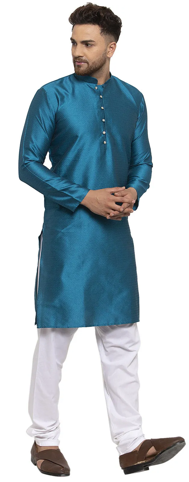 Self Design Men's Kurta pajama Evening Wear India Apparel (Blue)