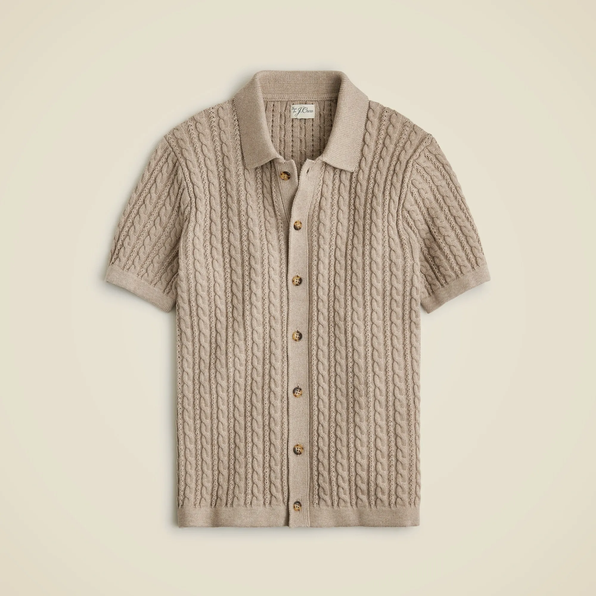 Short-sleeve cotton cable-knit polo cardigan sweater