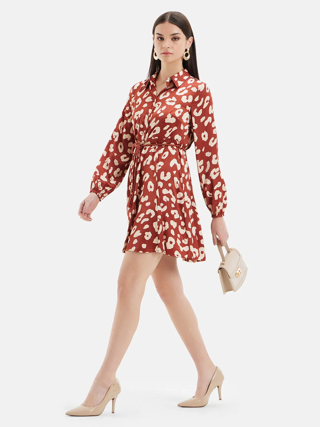 Tap Printed Mini Dress With Belt