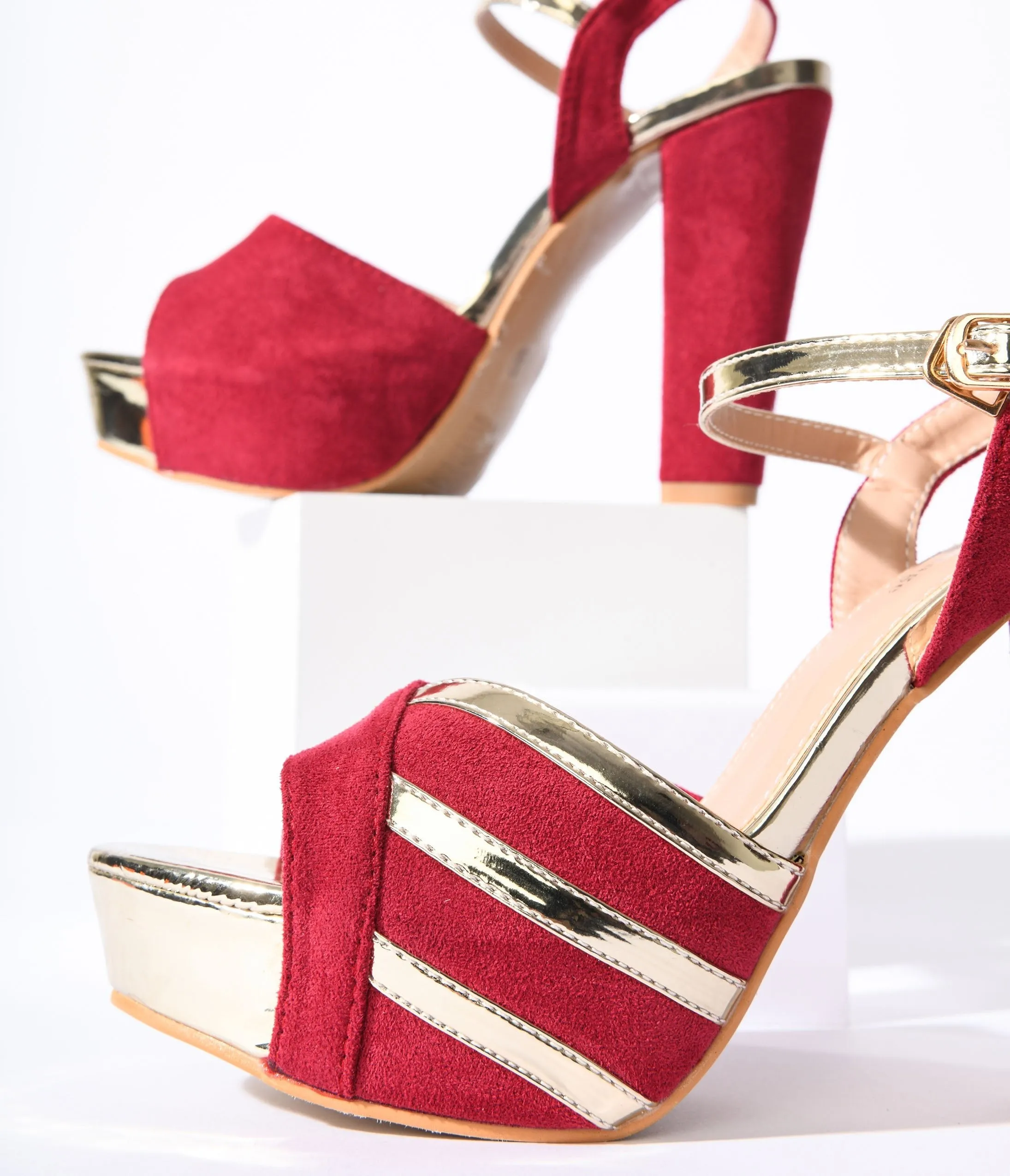 Unique Vintage Metallic Gold & Red Suede Platform Heels