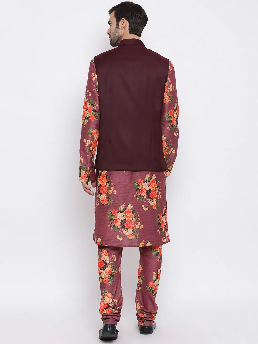 VASTRAMAY Maroon Twill Jacket, Printed Kurta and Pyjama Set