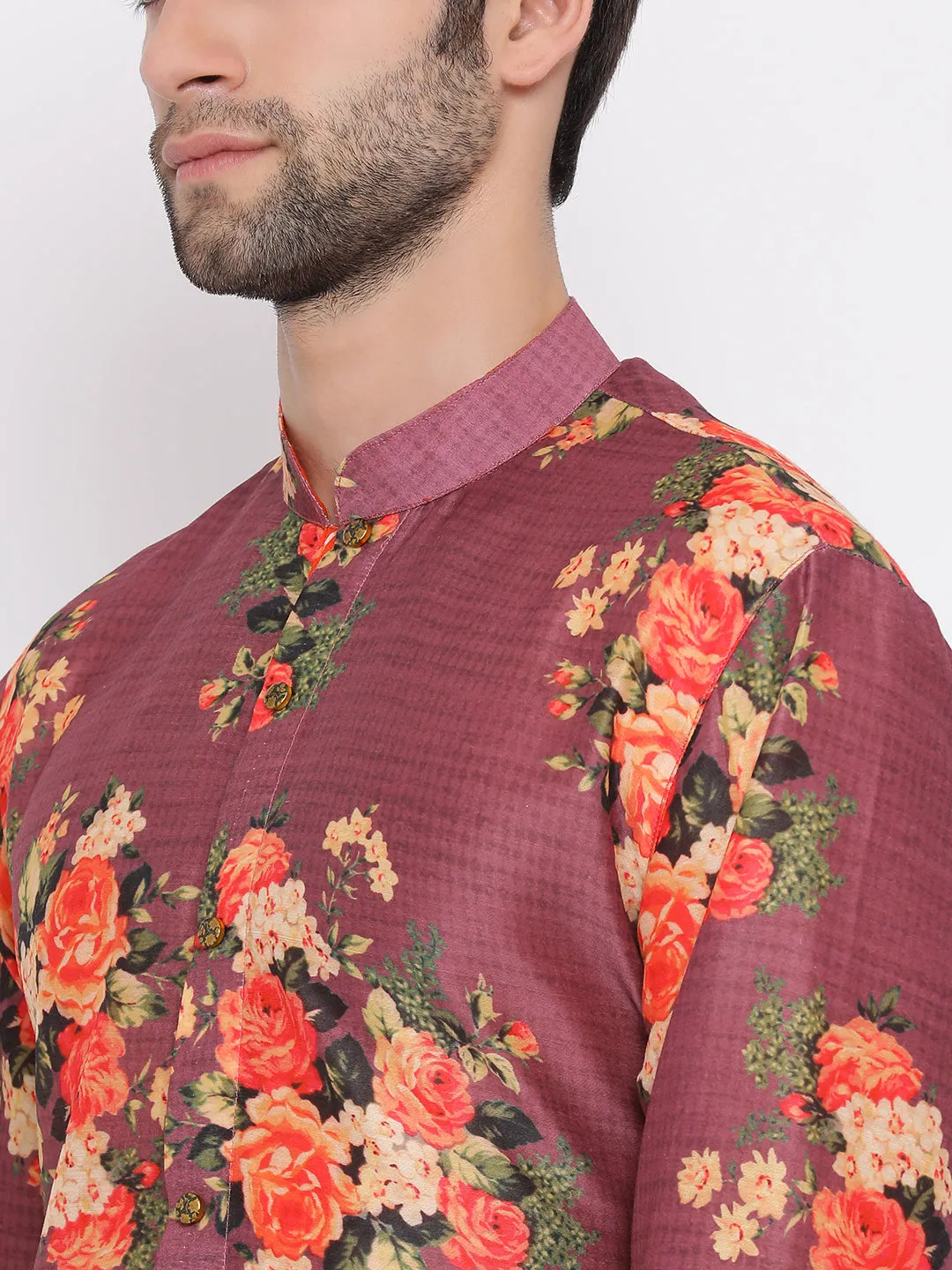 VASTRAMAY Maroon Twill Jacket, Printed Kurta and Pyjama Set