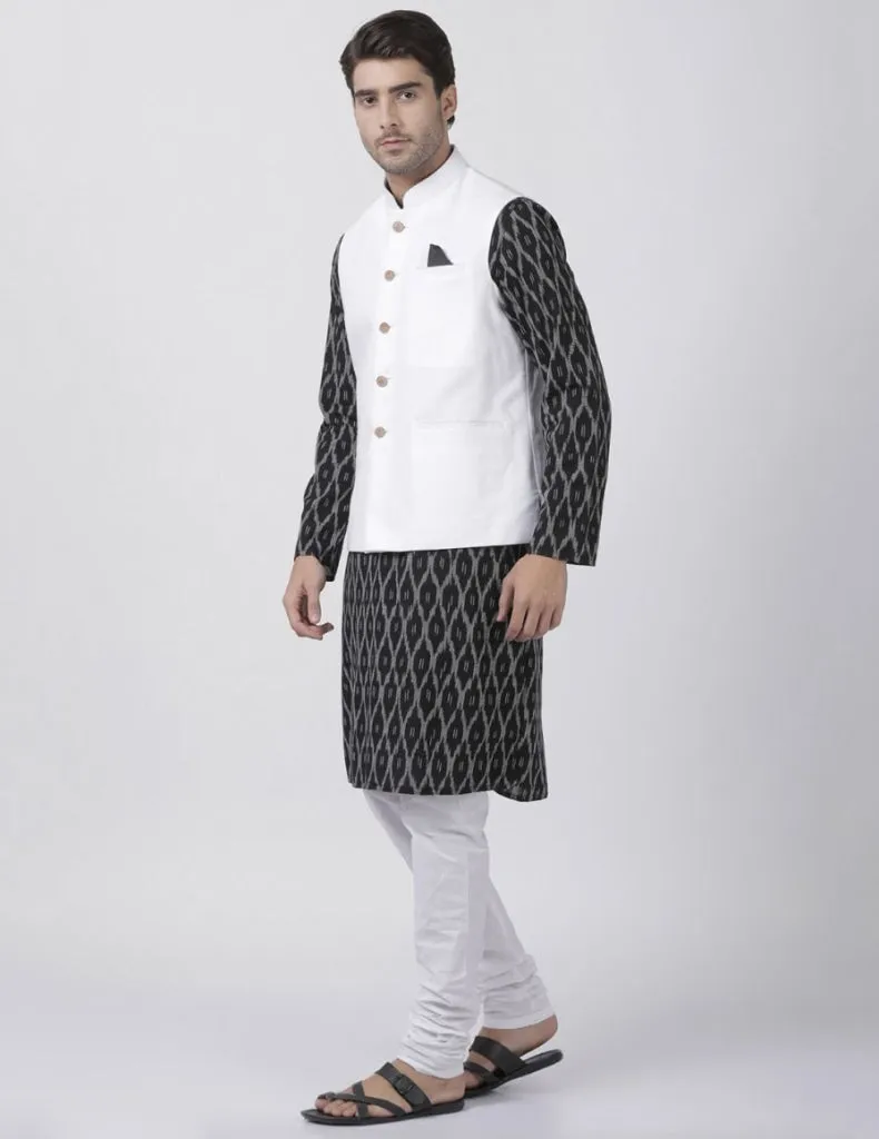 VASTRAMAY Men's Black Cotton Blend Ethnic Jacket, Kurta and Pajama Set