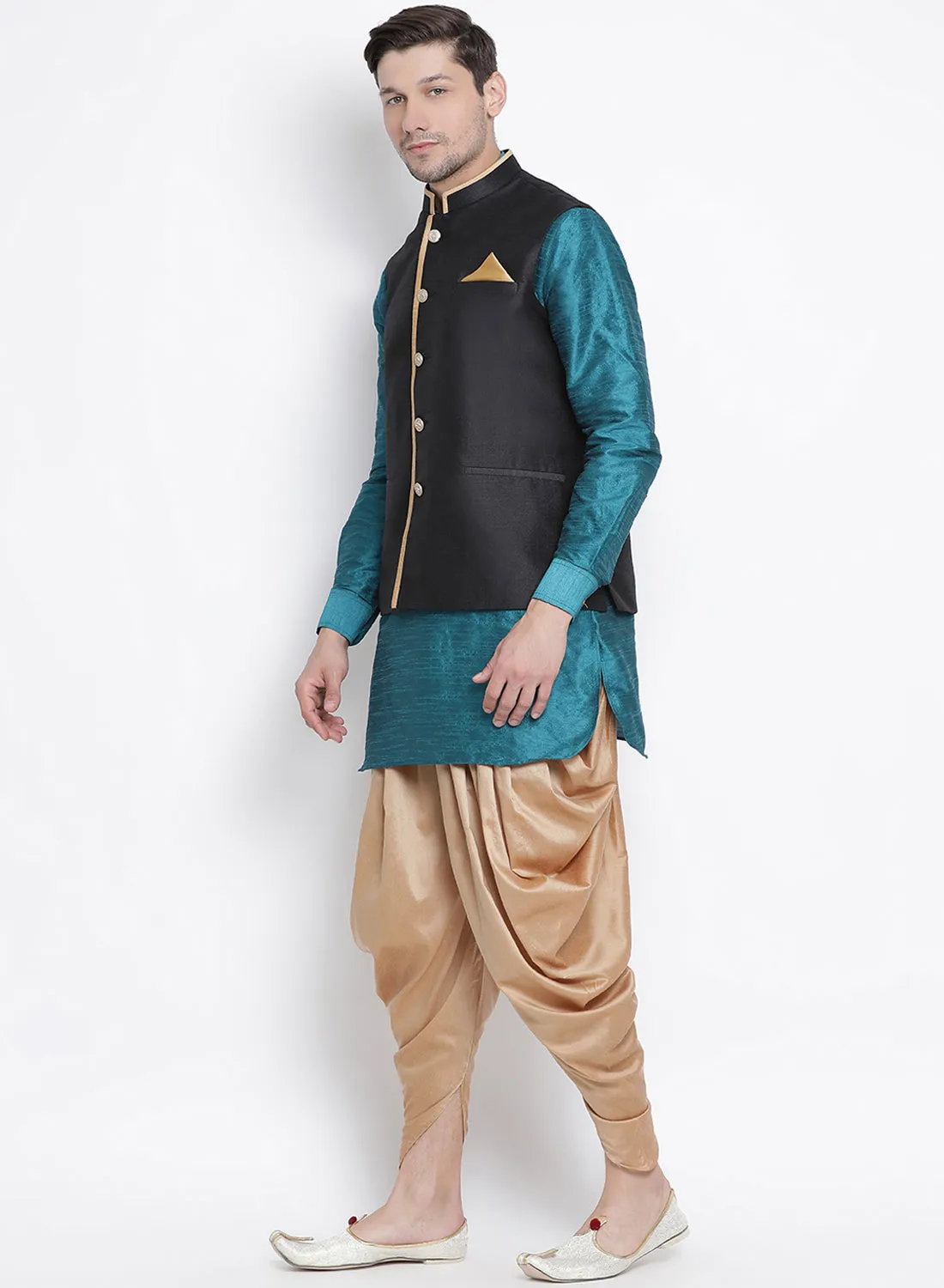 VASTRAMAY Men's Dark Green Cotton Silk Blend Ethnic Jacket, Kurta and Dhoti Pant Set