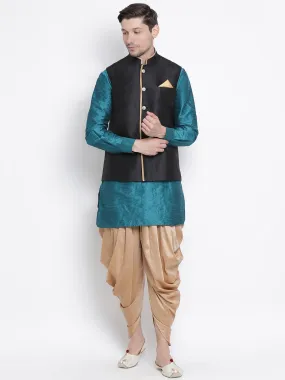 VASTRAMAY Men's Dark Green Cotton Silk Blend Ethnic Jacket, Kurta and Dhoti Pant Set