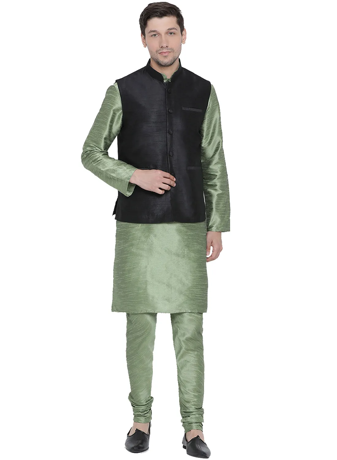 VASTRAMAY Men's Light Green Cotton Silk Blend Kurta, Ethnic Jacket and Pyjama Set