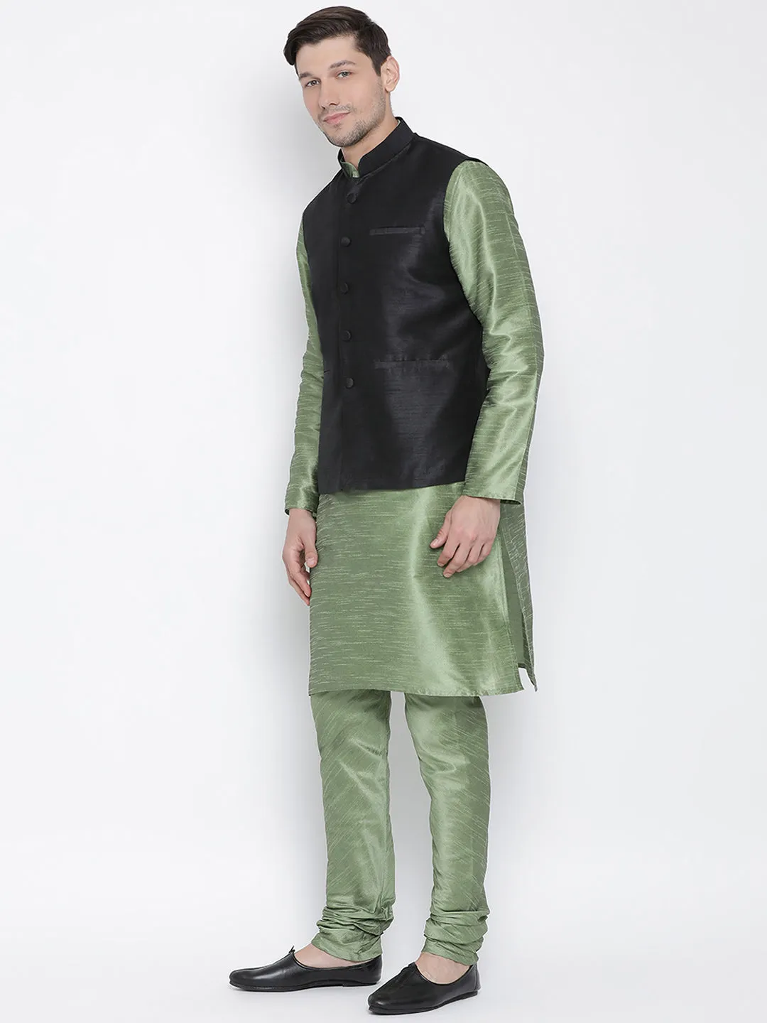 VASTRAMAY Men's Light Green Cotton Silk Blend Kurta, Ethnic Jacket and Pyjama Set