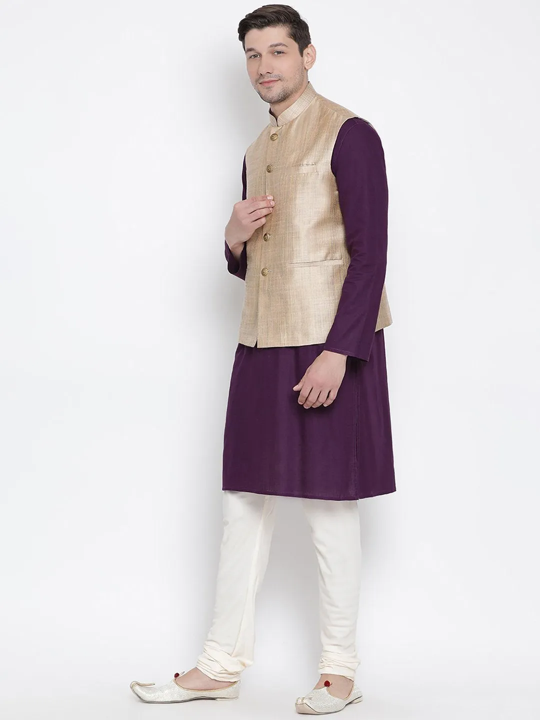 VASTRAMAY Men's Purple Cotton Blend Kurta, Ethnic Jacket and Pyjama Set