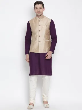 VASTRAMAY Men's Purple Cotton Blend Kurta, Ethnic Jacket and Pyjama Set