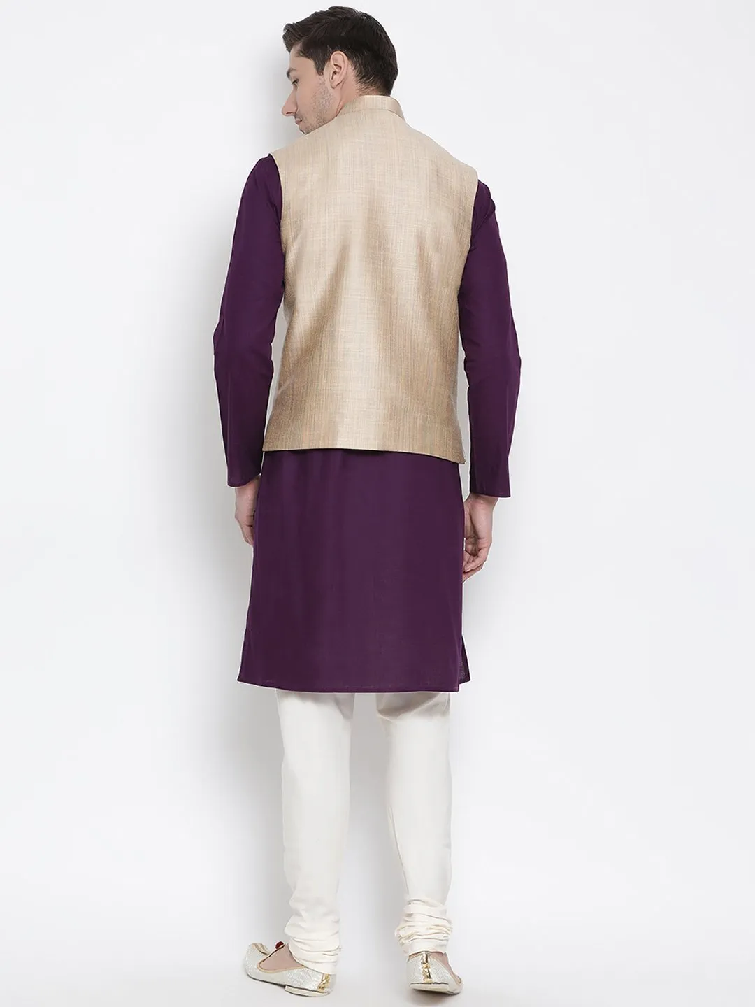 VASTRAMAY Men's Purple Cotton Blend Kurta, Ethnic Jacket and Pyjama Set