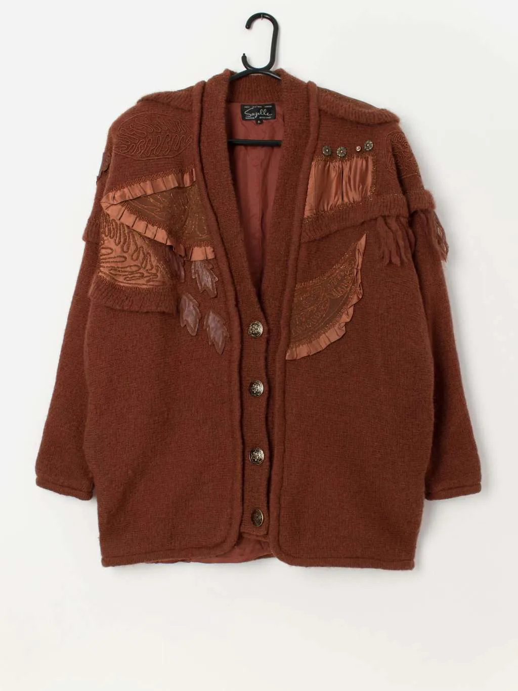 Vintage rust brown cardigan coat with appliqué leaf design and fringed shoulders – XL