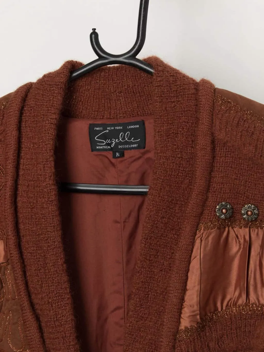 Vintage rust brown cardigan coat with appliqué leaf design and fringed shoulders – XL