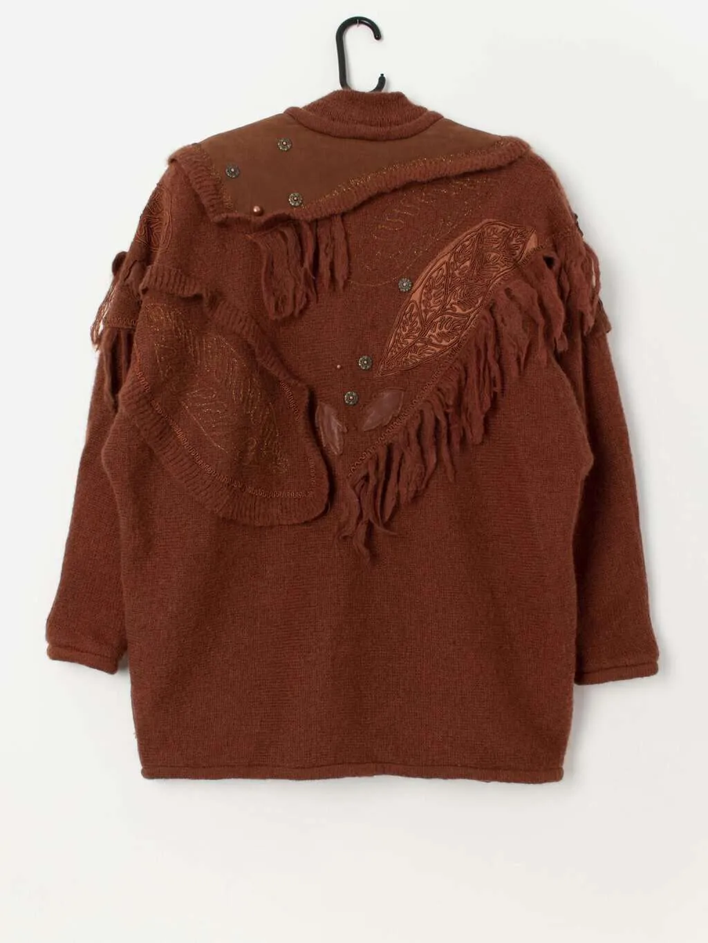 Vintage rust brown cardigan coat with appliqué leaf design and fringed shoulders – XL