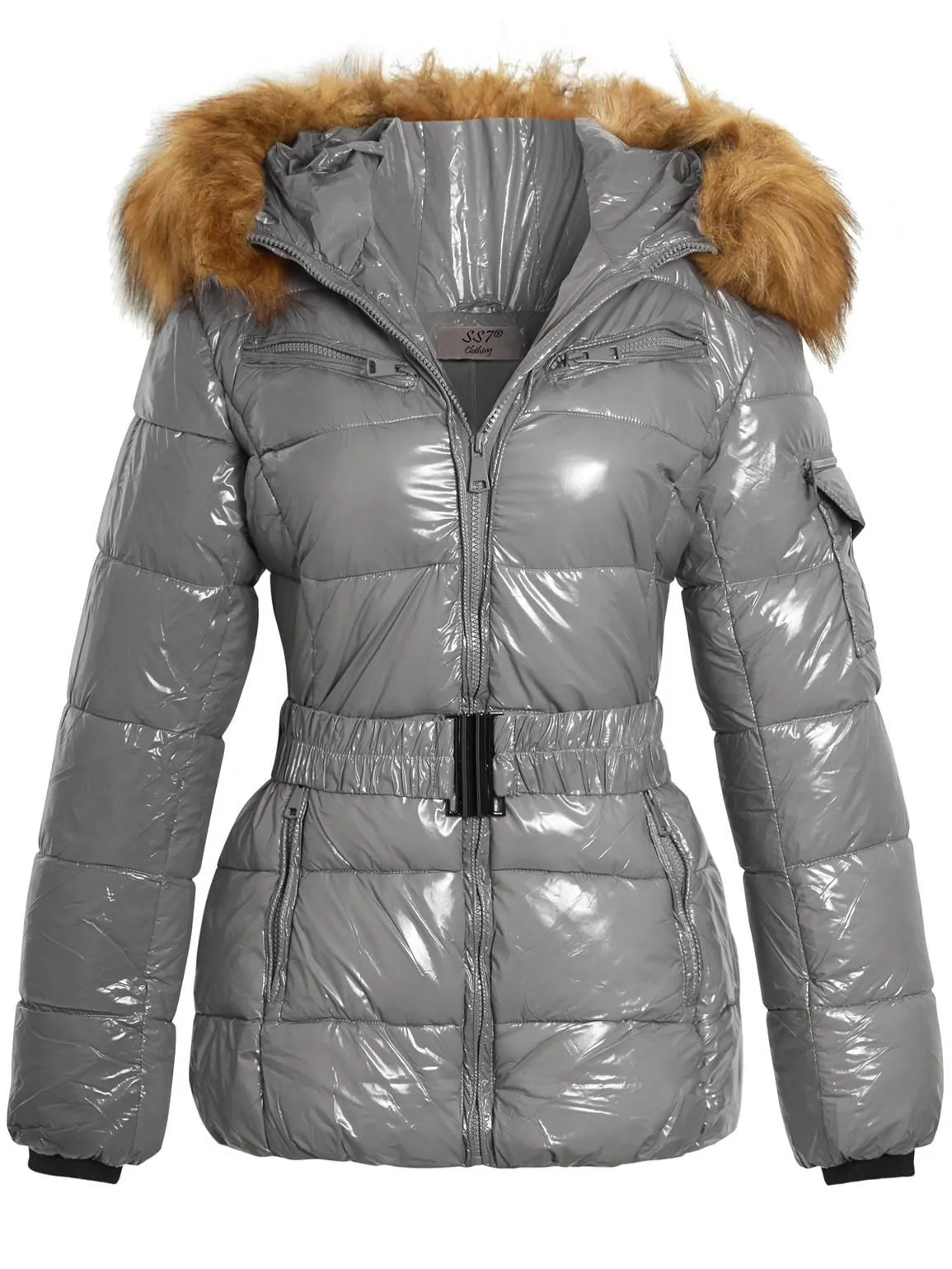 Wet Look Shiny Vinyl Puffer Coat with Faux Fur, UK Sizes 8 to 16