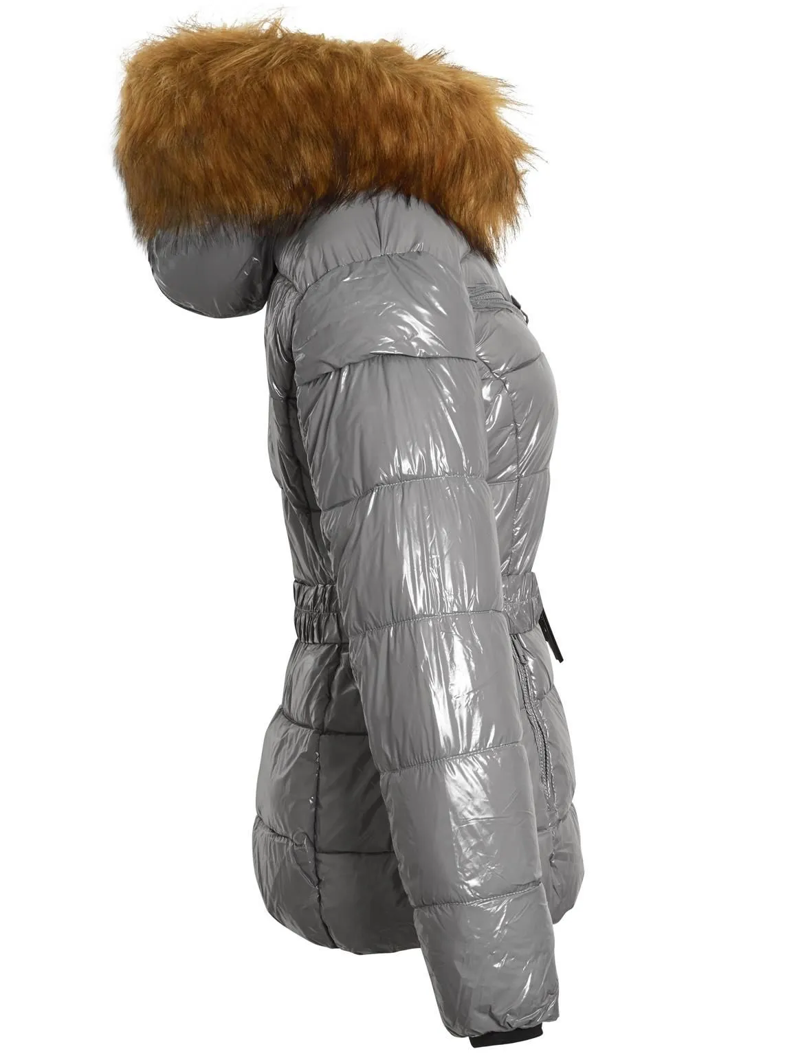 Wet Look Shiny Vinyl Puffer Coat with Faux Fur, UK Sizes 8 to 16