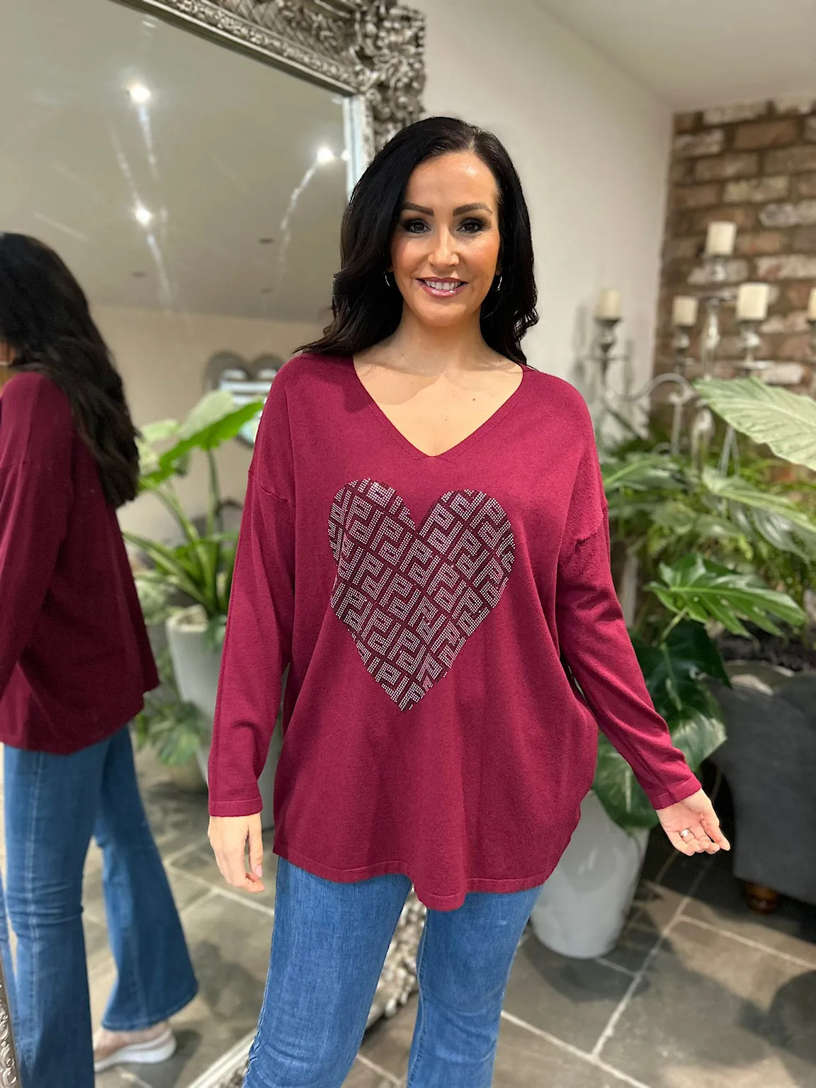 Wine Diamante Heart Knit Gail