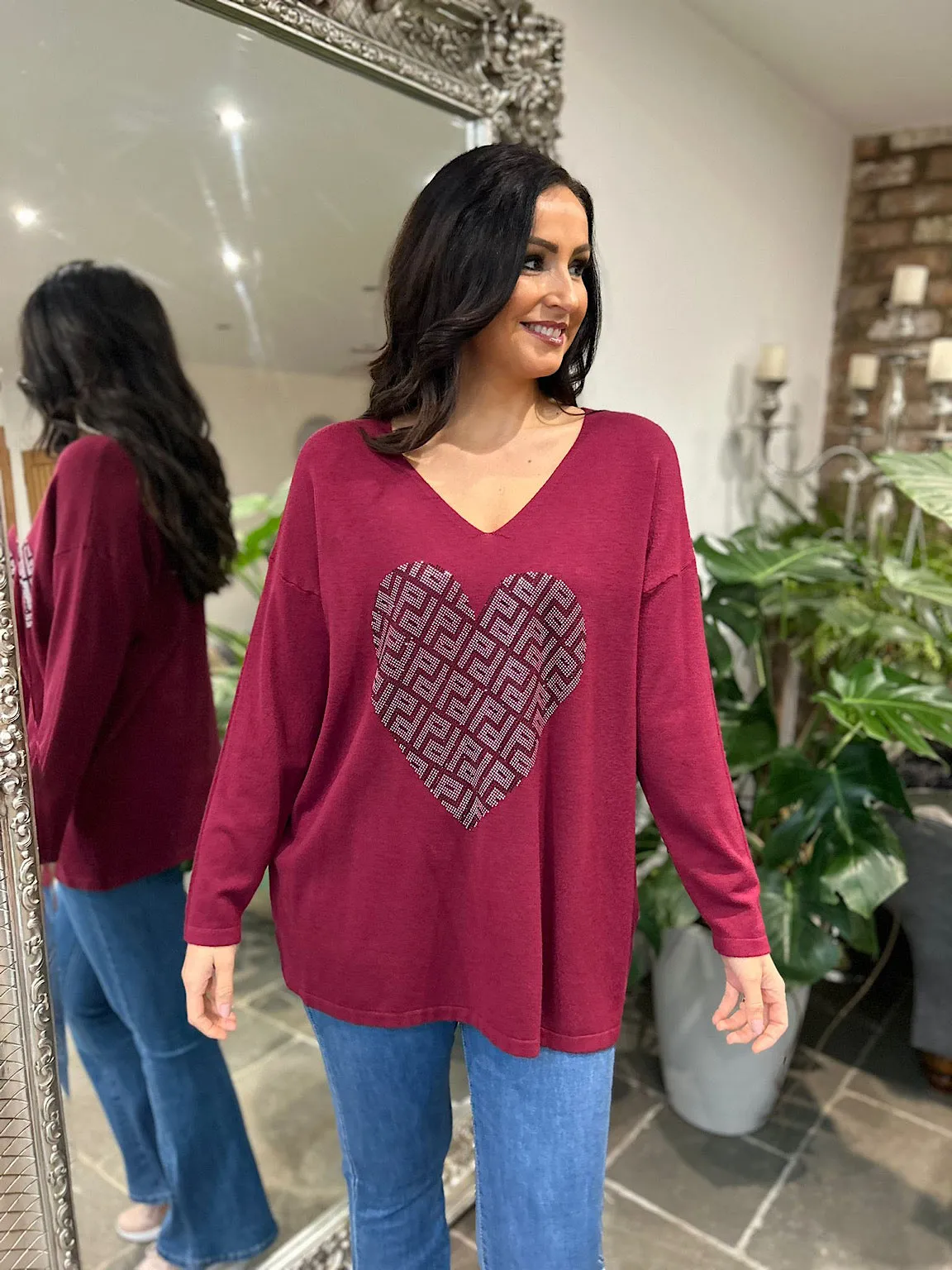 Wine Diamante Heart Knit Gail