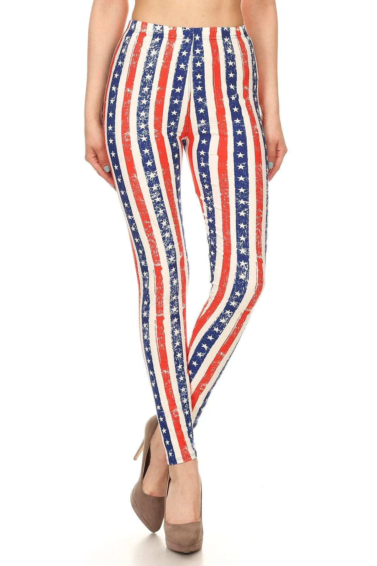 Women's Regular 4th of July Faded Star Stripe Pattern Printed Leggings