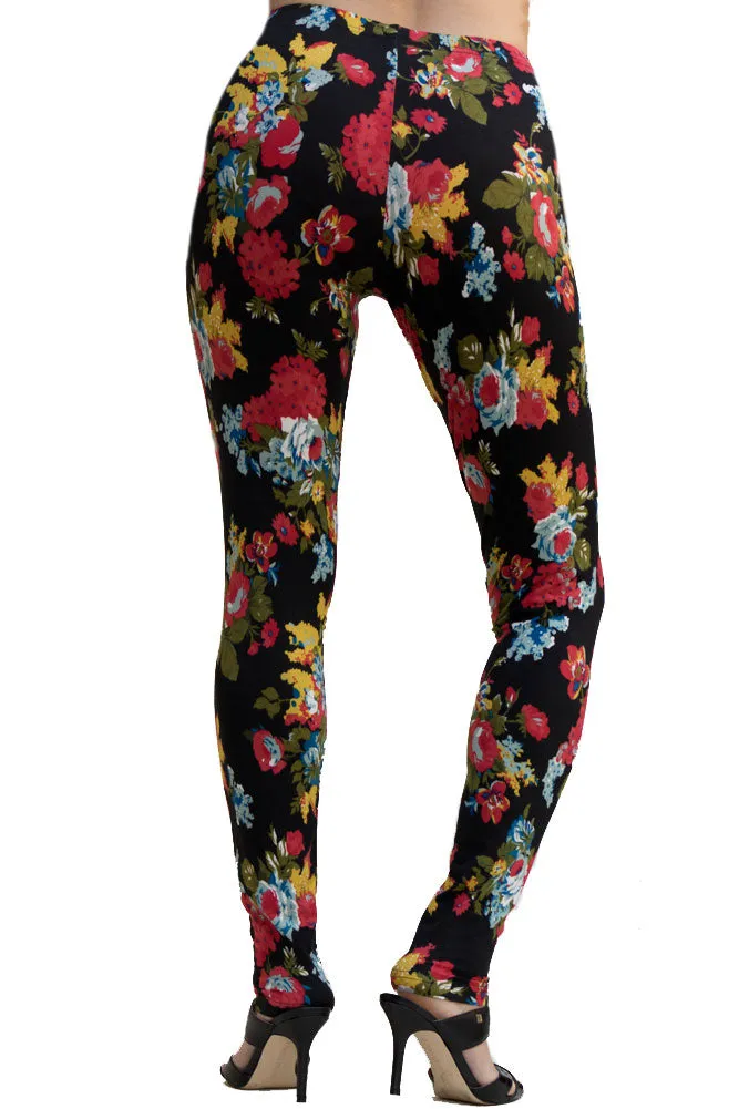 Women's Regular Big Floral Rose Leaf Print Leggings - Red Yellow