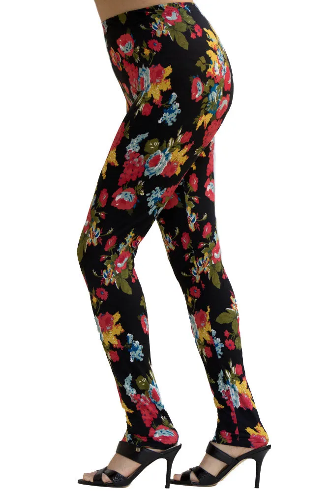 Women's Regular Big Floral Rose Leaf Print Leggings - Red Yellow