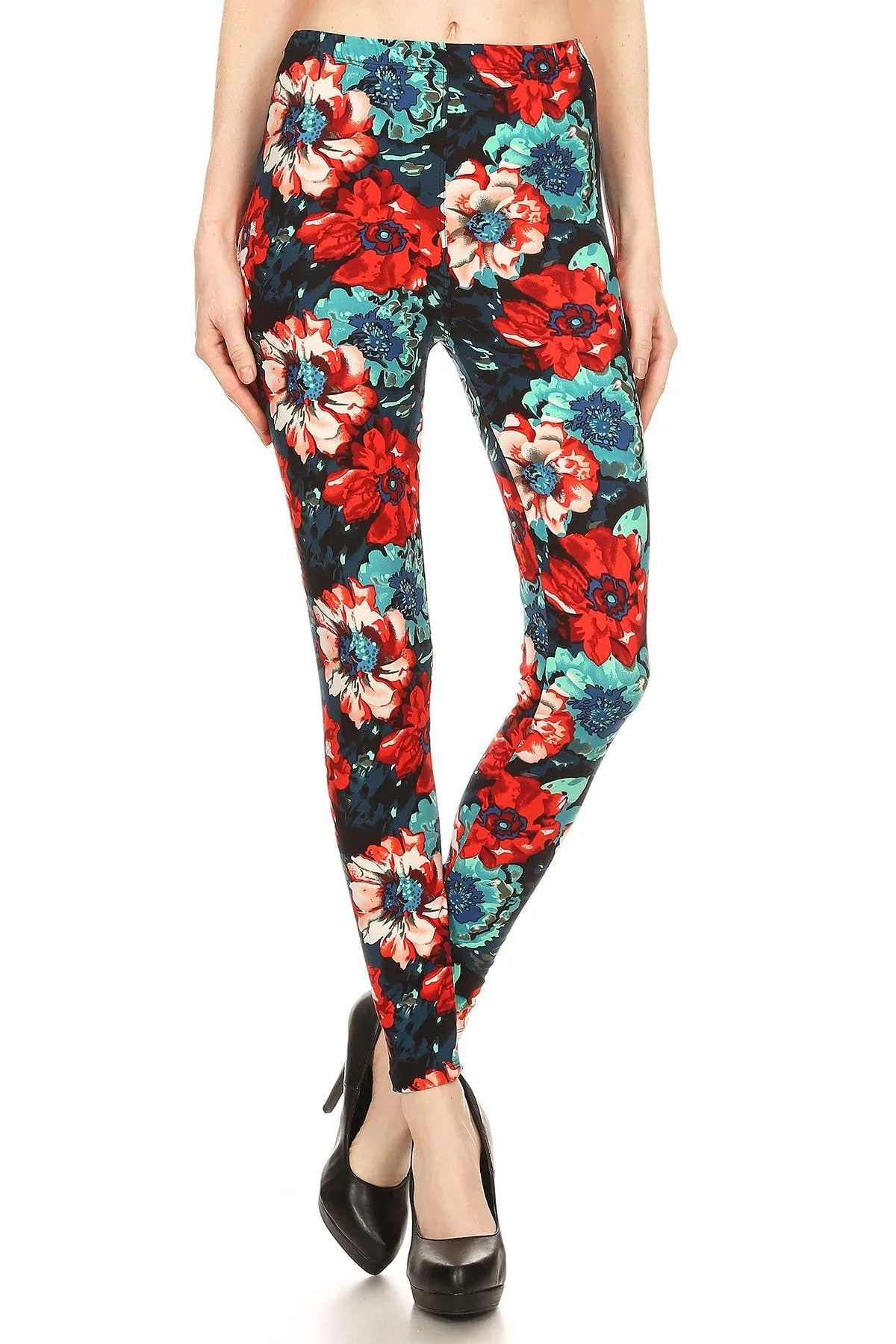 Women's Regular Red Blue Rose Pattern Printed Leggings