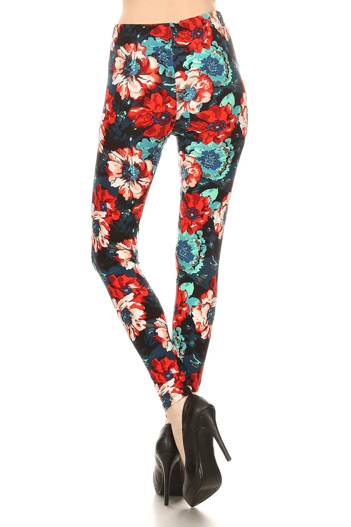 Women's Regular Red Blue Rose Pattern Printed Leggings