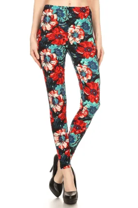 Women's Regular Red Blue Rose Pattern Printed Leggings