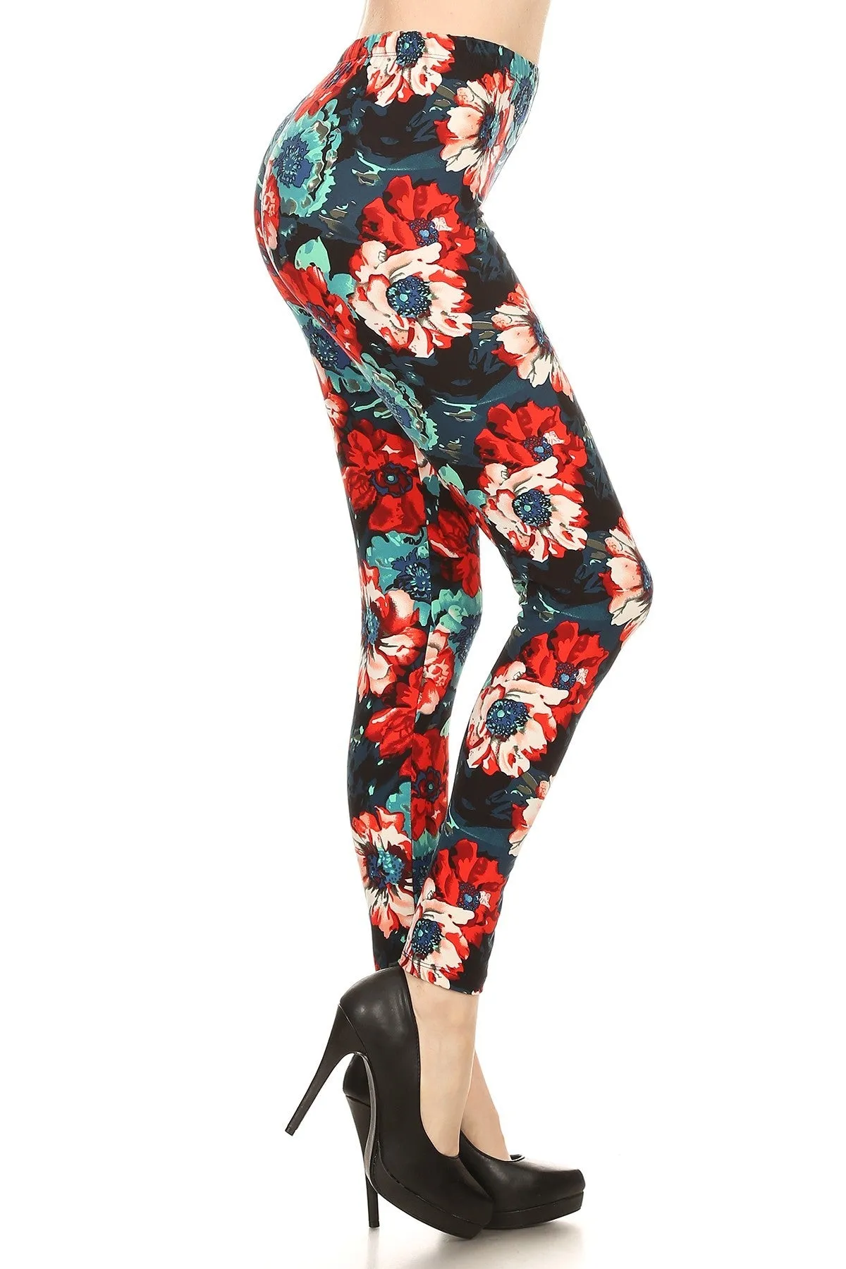 Women's Regular Red Blue Rose Pattern Printed Leggings