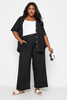 YOURS Curve Black Pull On Wide Leg Linen Trousers