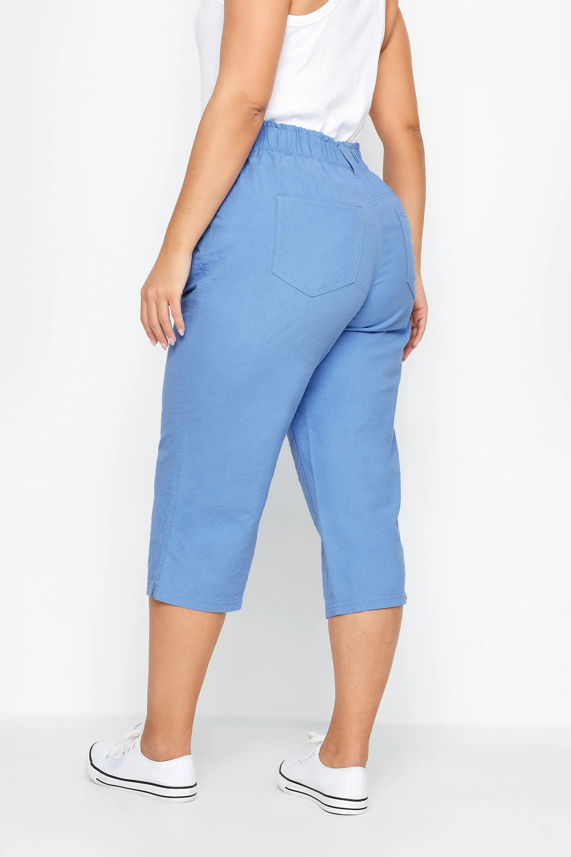 YOURS Curve Blue Elasticated Cool Cotton Cropped Trousers