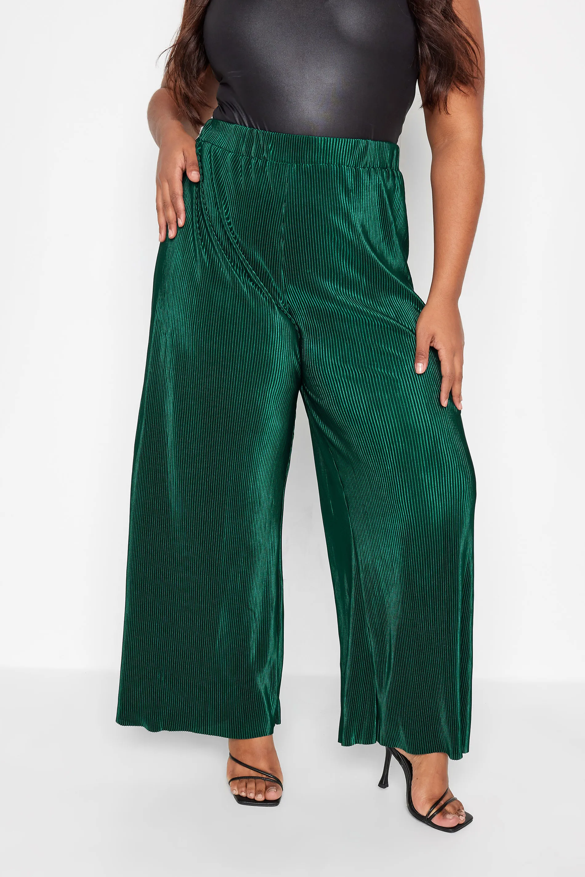 YOURS Curve Emerald Green Stretch Plisse Wide Leg Trousers