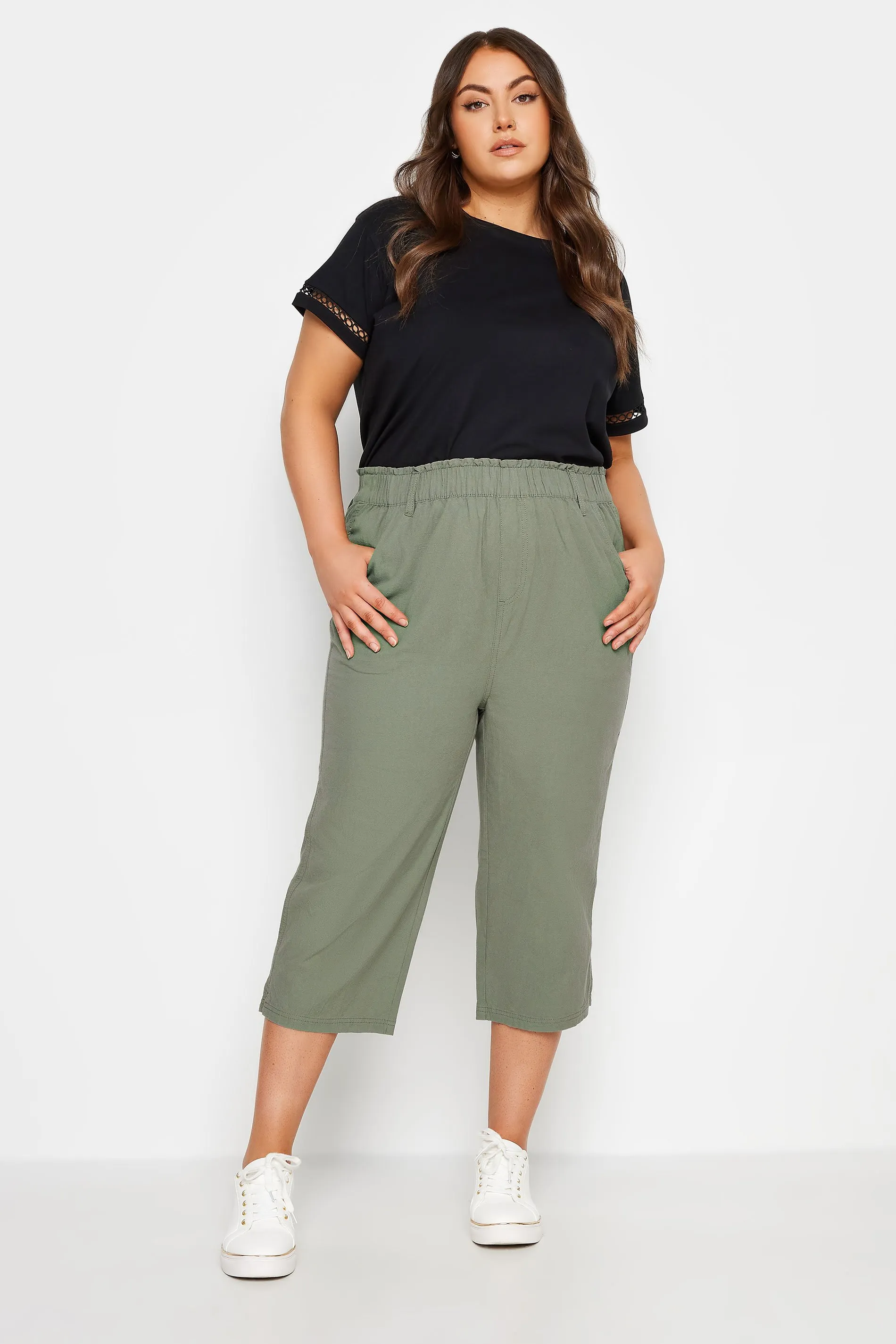 YOURS Curve Green Khaki Cool Cotton Cropped Trousers