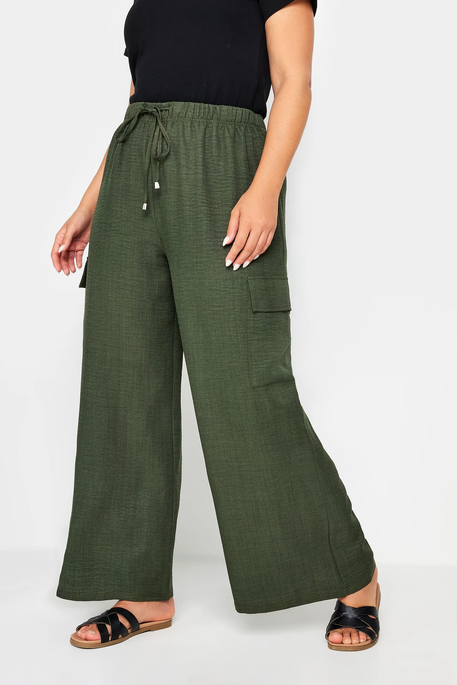 YOURS Curve Khaki Green Linen Look Cargo Trousers