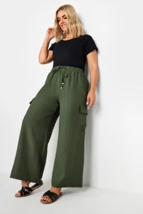 YOURS Curve Khaki Green Linen Look Cargo Trousers