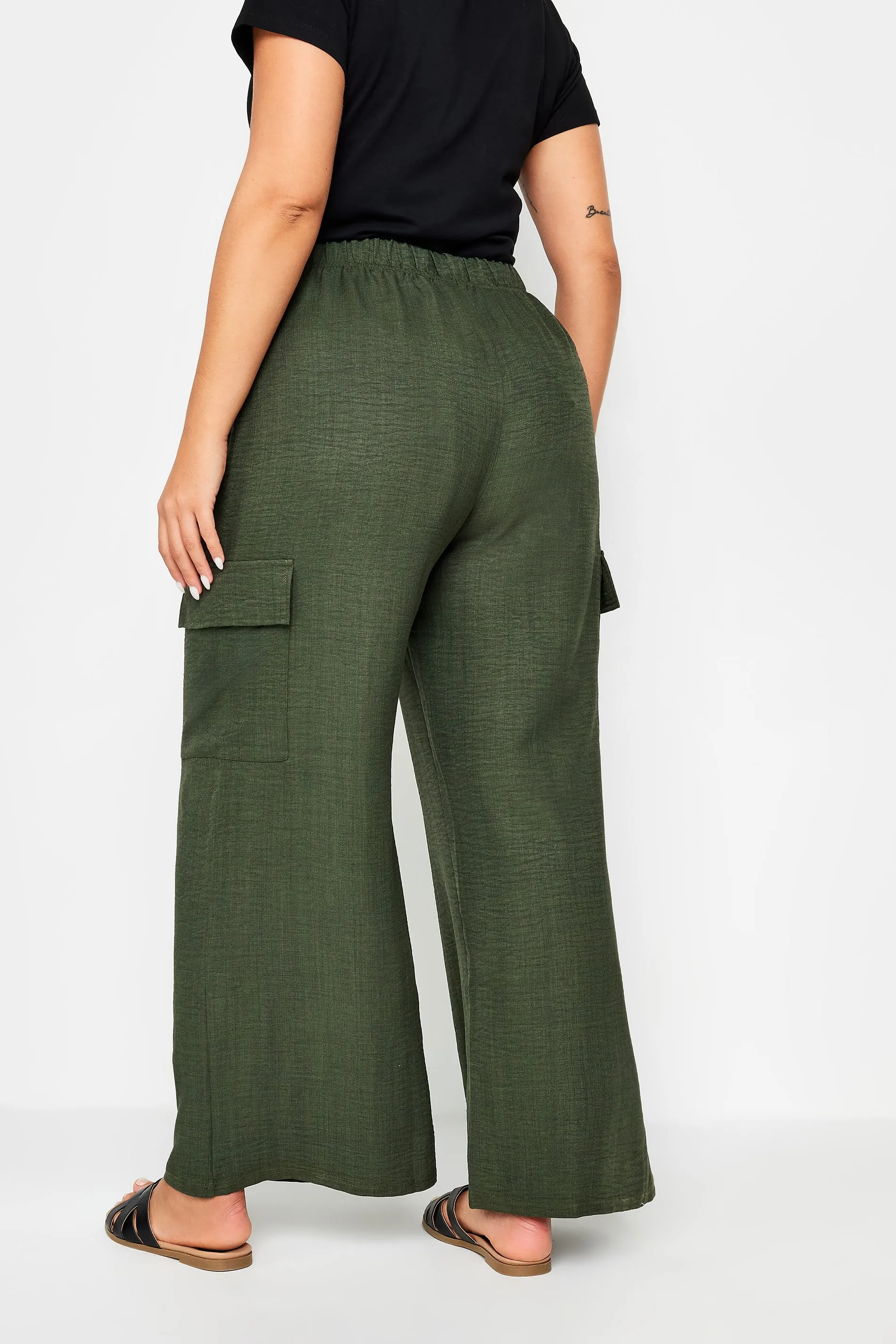 YOURS Curve Khaki Green Linen Look Cargo Trousers