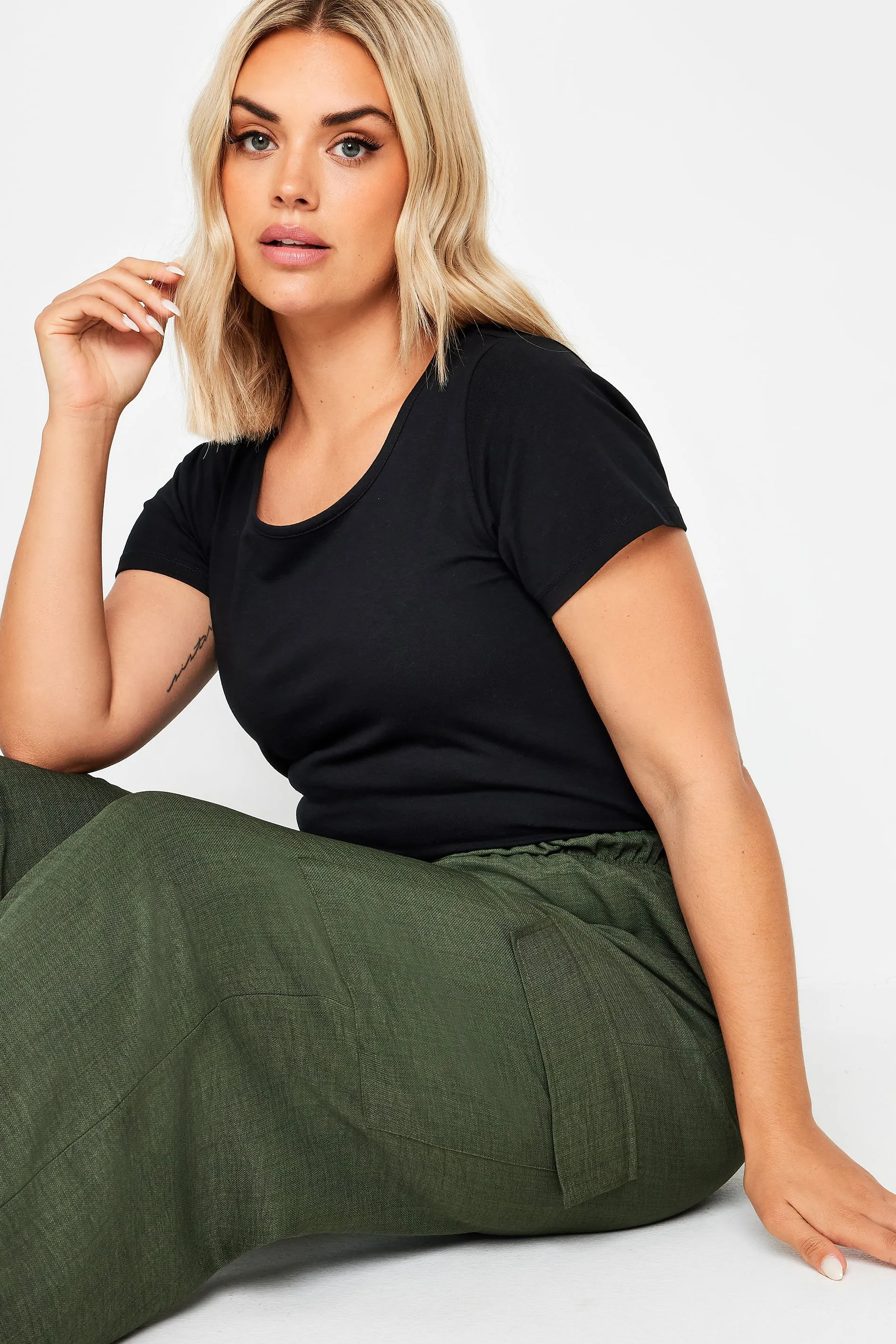 YOURS Curve Khaki Green Linen Look Cargo Trousers