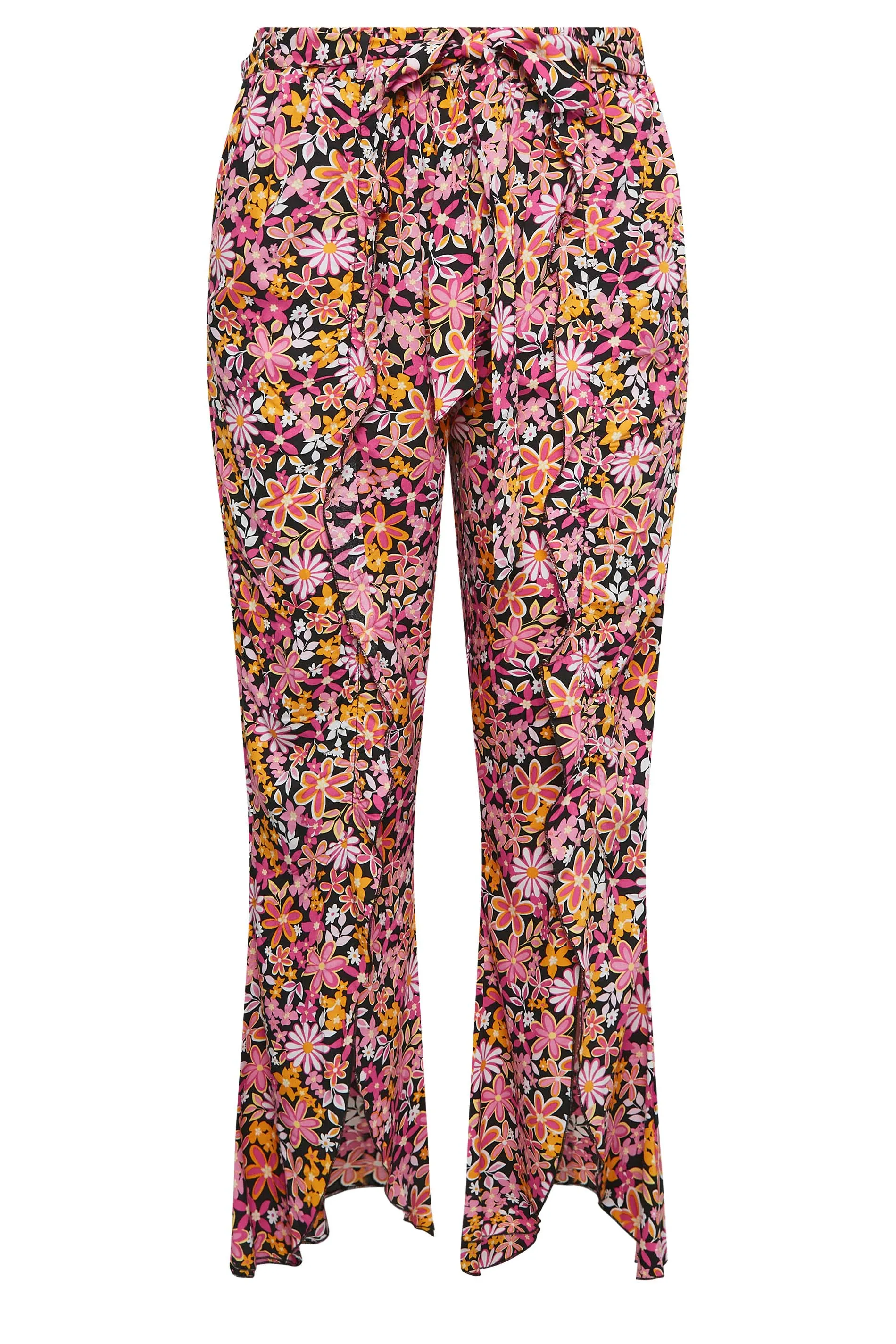 YOURS Curve Pink Floral Print Frill Wide Leg Trousers